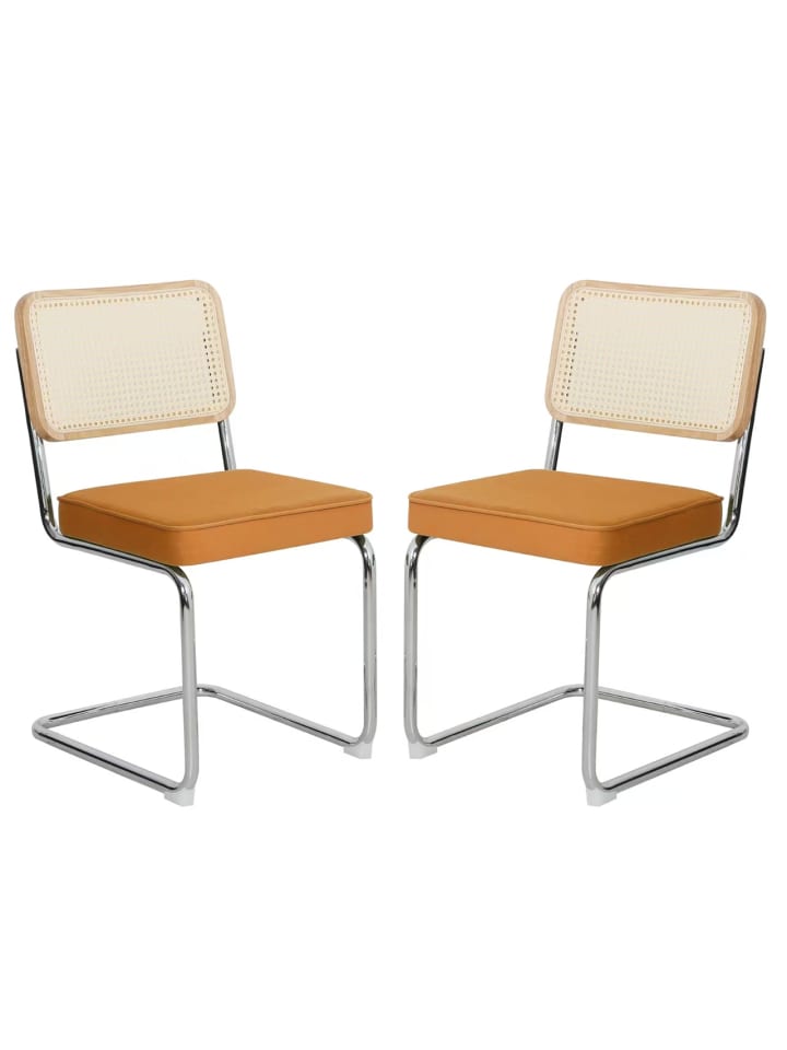 Esszimmerstuhl in Orange Rattan mit Chrombeinen 2er Set Mid Century