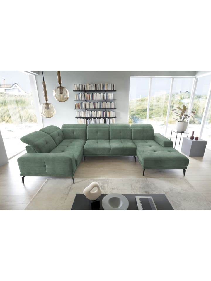 Nevido Recamiere Links in Grün - (L) 201 x (B) 350 x (H) 77 cm