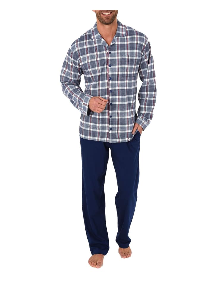 Pyjama Schlafanzug langarm zum durchknöpfen - 37529 in marine