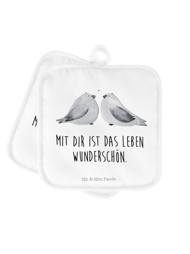 2er Set Topflappen  Turteltauben Liebe mit Spruch in Weiß
