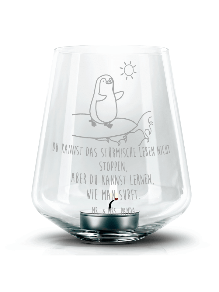 Glas Teelichthalter Pinguin Surfer mit Spruch in Transparent