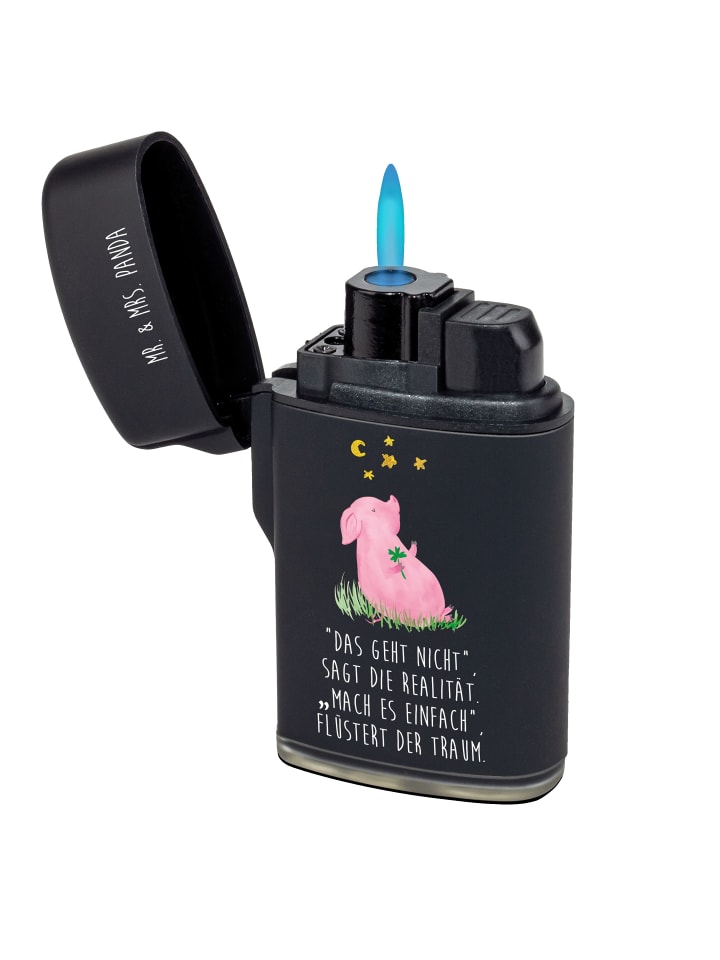 Sturmfeuerzeug Schwein Glück mit Spruch in Schwarz