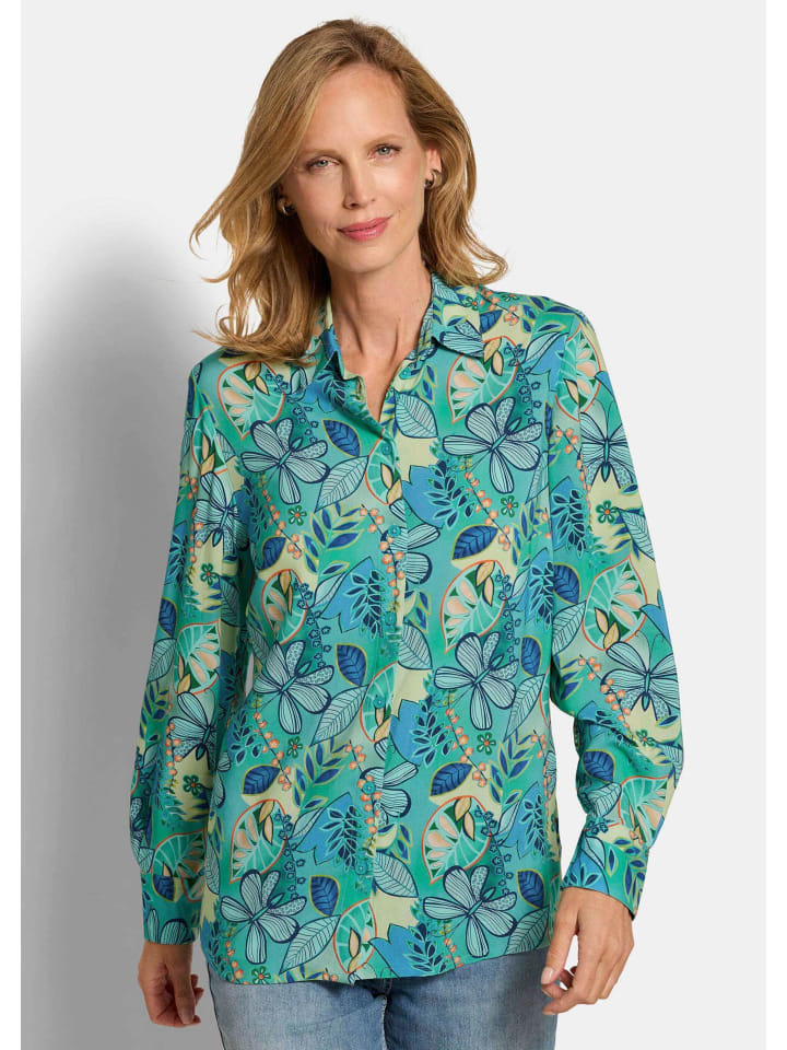 Kurzgröße: Blusenshirt mit floralem Print in salbei / blau / gemustert