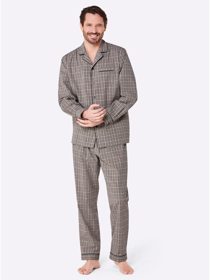 Pyjama in beige-marine-kariert
