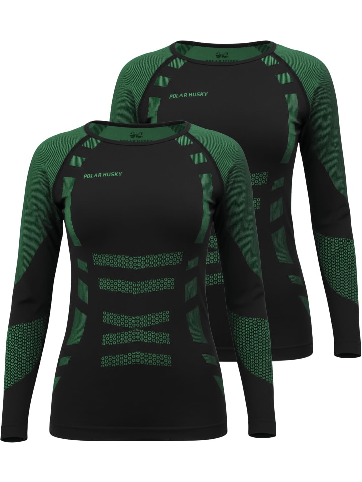 2 x Thermooberteil Langarm Shirt Skiunterwäsche für Damen in Grün/Schwarz