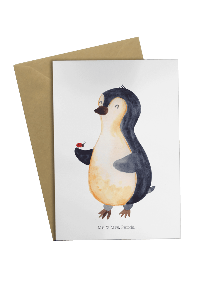 Grußkarte Pinguin Marienkäfer ohne Spruch in Weiß