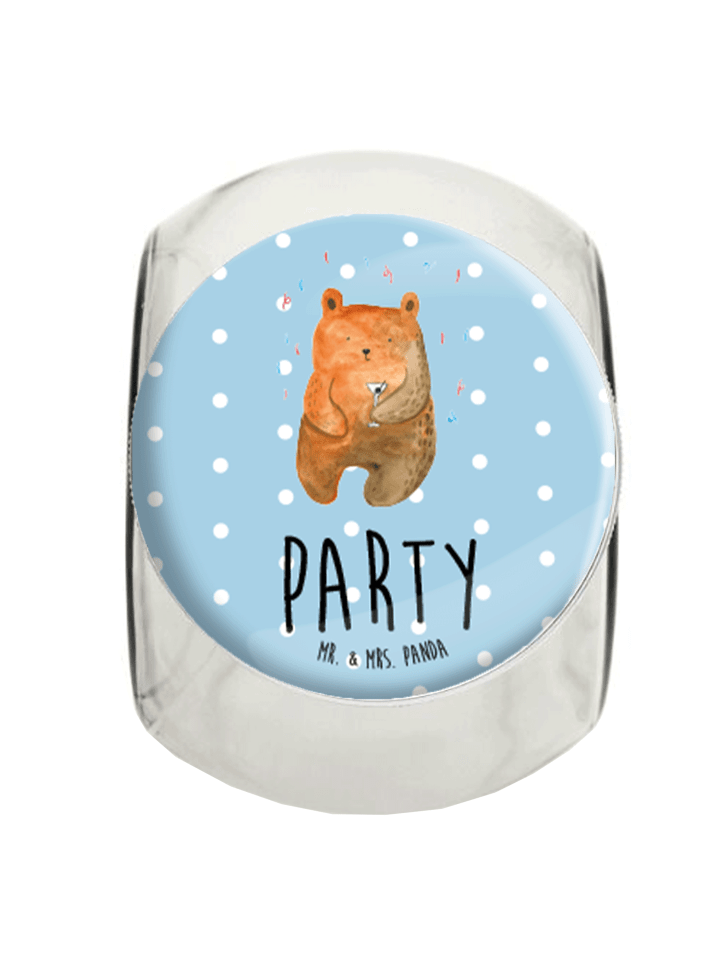 Bonbonglas Bär Party mit Spruch in Blau Pastell