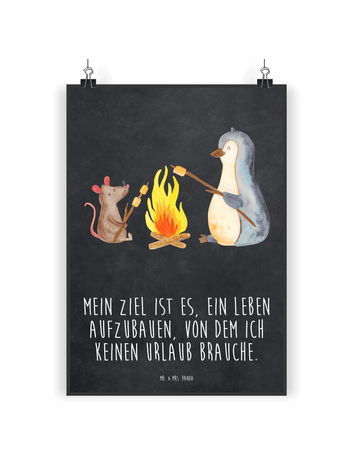 Poster Pinguin Lagerfeuer mit Spruch in Kreidetafel