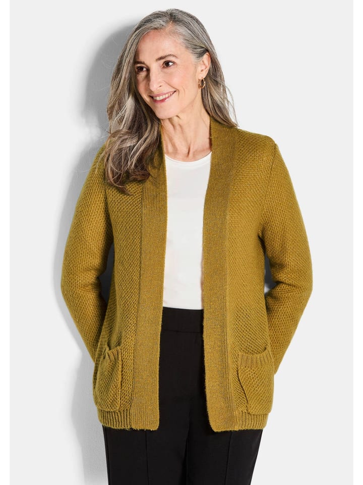 Kurzgröße: Offener Cardigan mit Taschen, Glanz in honig