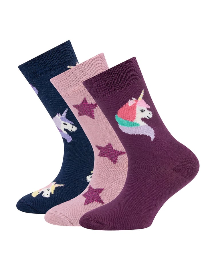 3er-Set Socken 3er Pack Einhörner/Sterne in navy-aubergine-hell wildrose