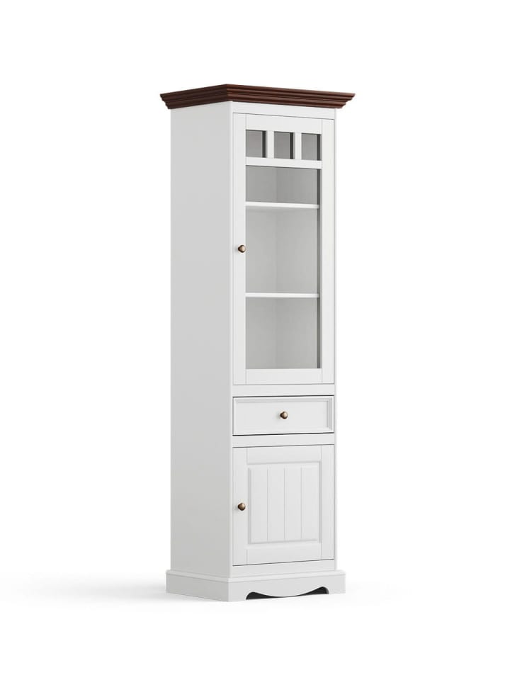 Vitrine Belluno Elegante weiß lackiert / gebeizt Nussbaum 59,5 / 44 / 190cm