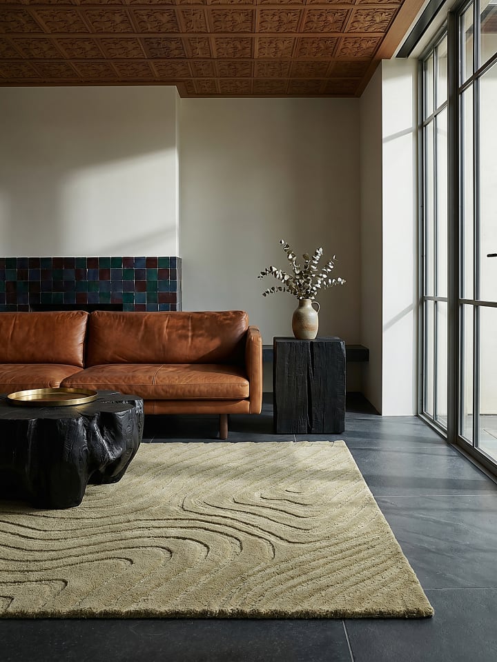 Teppich Wolle Handgetuftet LEVEN Wellen Abstrakt Wohnzimmer Modern in Olivegrün