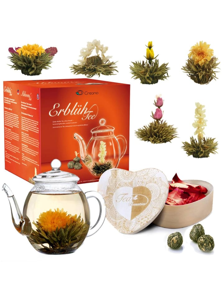 Tee Set: Herz-Holzbox "ErblühTee" + Glas-Teekanne - 500ml
