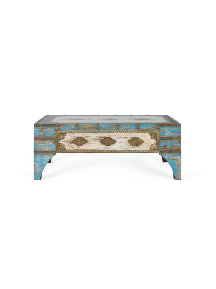Couchtisch aus Mangoholz in gealtertem Blau und Weiß