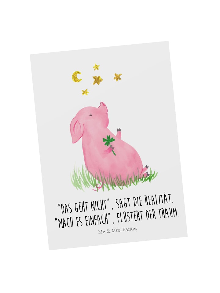 Bildkarte Schwein Glück mit Spruch in Weiß
