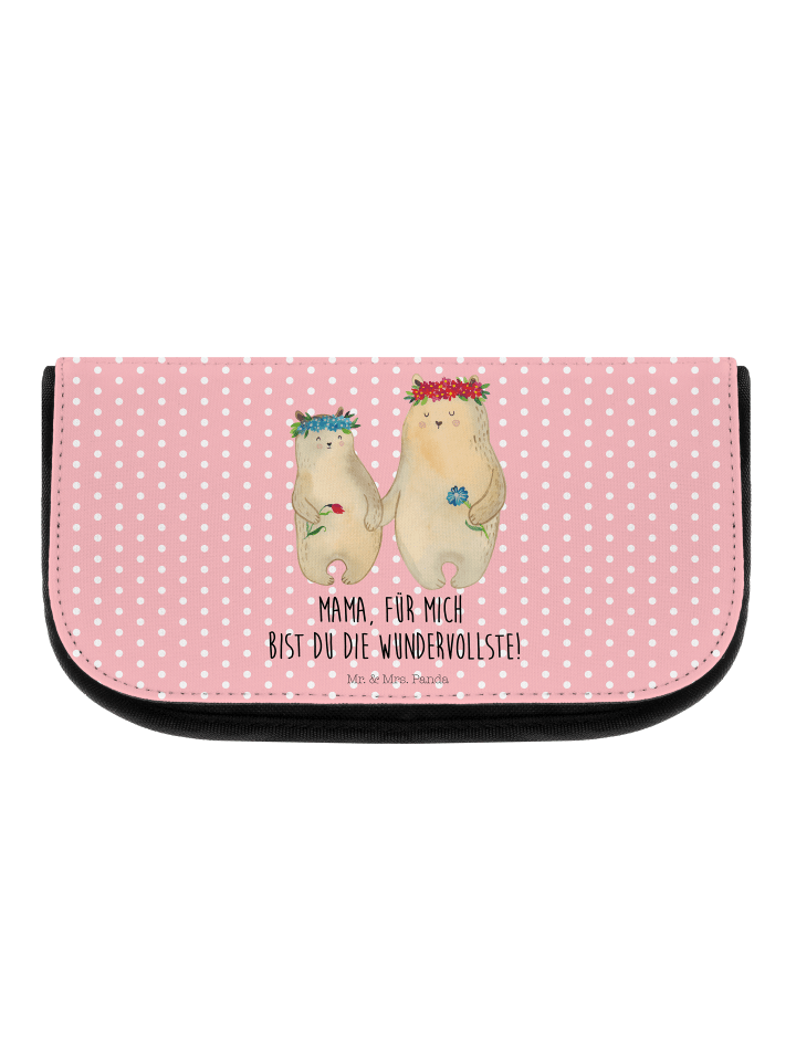Kosmetiktasche Bären mit Blumenkranz mit Spruch in Rot Pastell