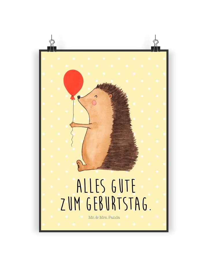 Kunstdruck Igel Luftballon mit Spruch in Gelb Pastell