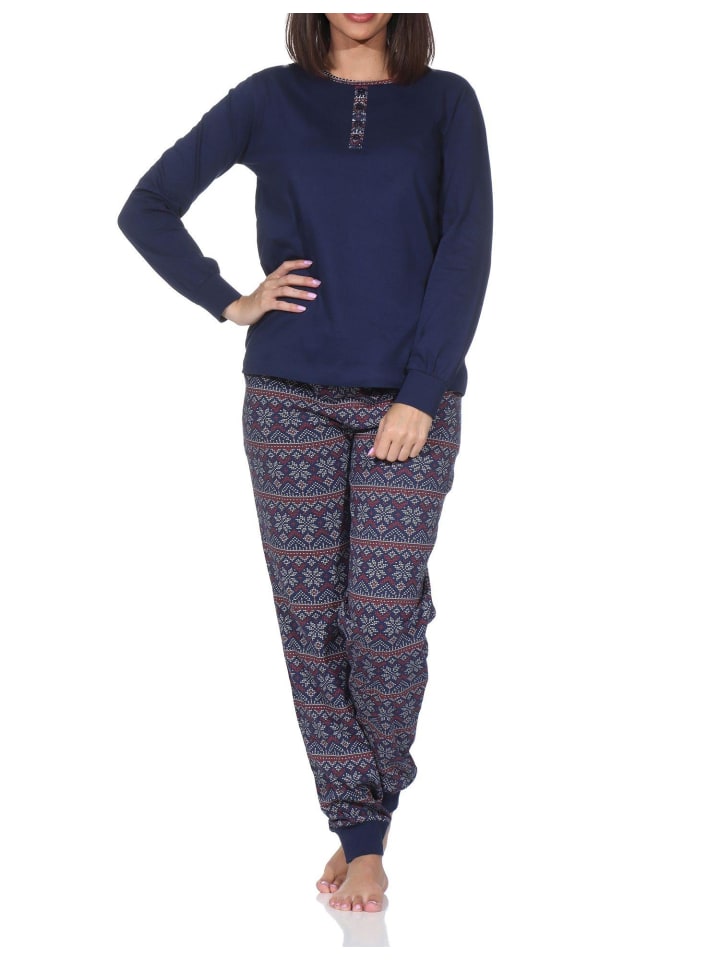 Langarm Schlafanzug Pyjama Bündchen Ethnolook in marine