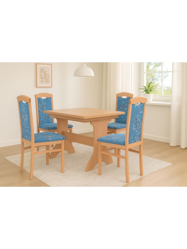 4-Fuß-Polsterstuhl 2Stühle in Buche/blau