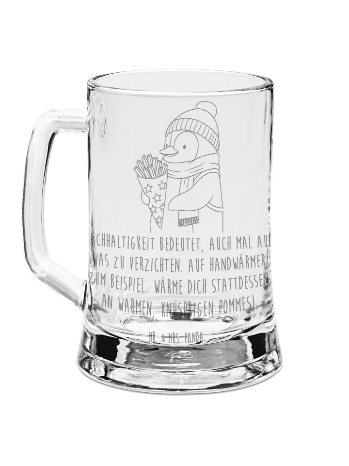Bierkrug Pinguin Winter Pommes mit Spruch in Transparent