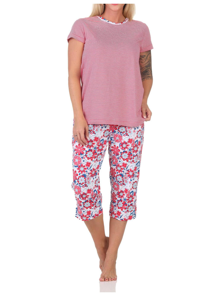 Kurzarm Schlafanzug Capri Pyjama Streifen 125 204 836 in rot