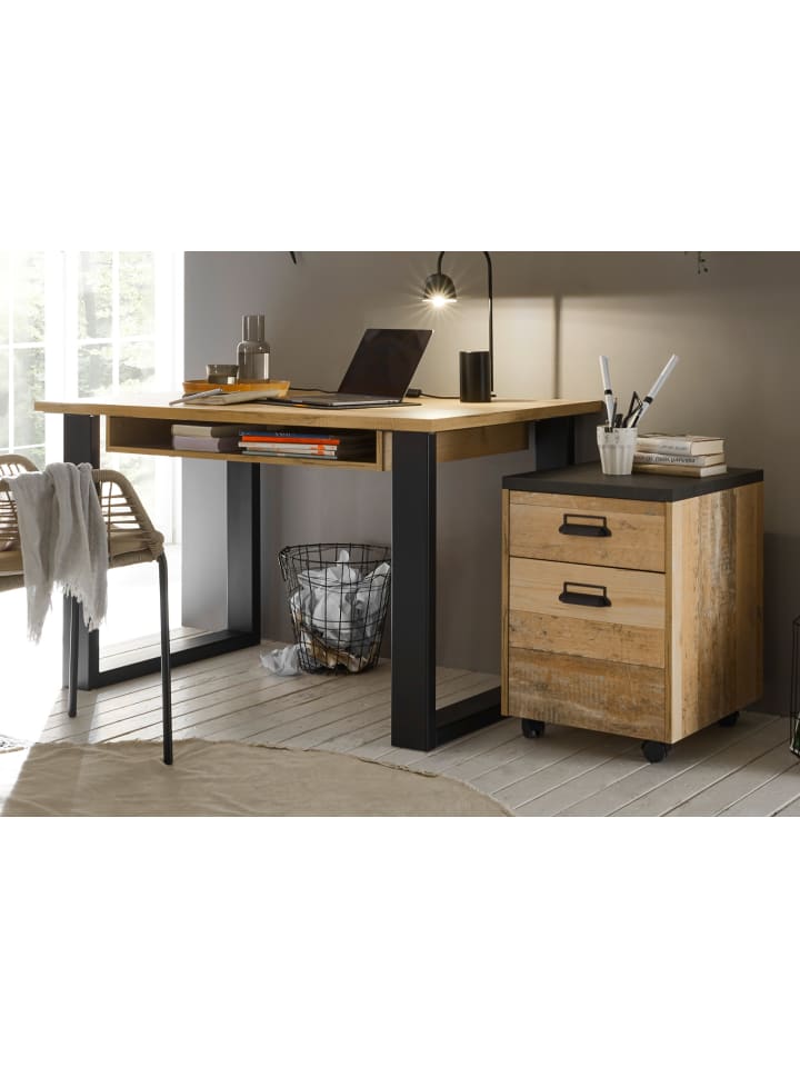 Schreibtisch-Set mit Rollcontainer, Used Wood hell, anthrazit