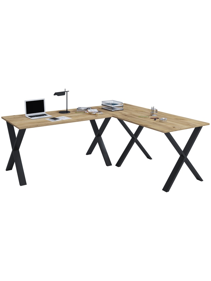 X Schreibtisch Eckschreibtisch L Form 190x130x50 in Schwarz / Honig-Eiche