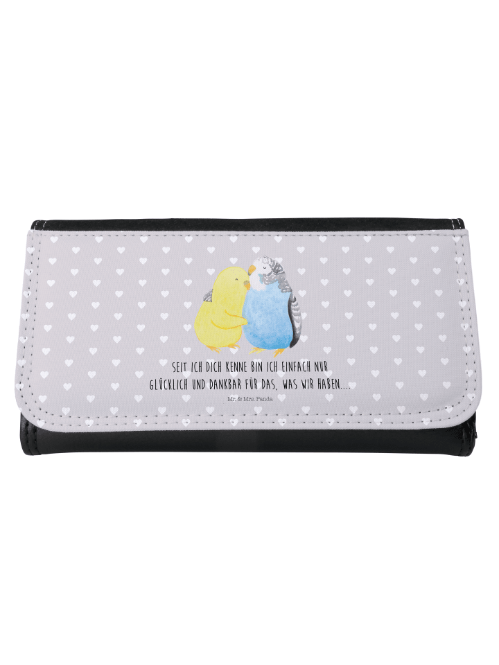 Portemonnaie Damen Wellensittich Liebe mit Spruch in Grau Pastell