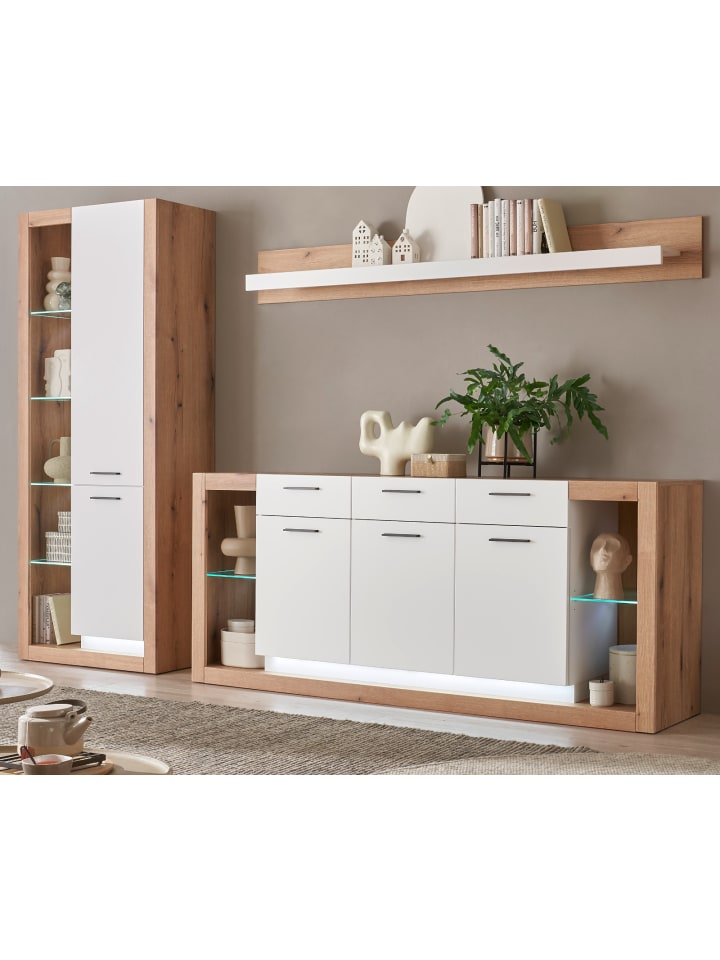Wohnwand weiß matt, Evoke Eiche, Wohnkombination Set 3-teilig 298 cm