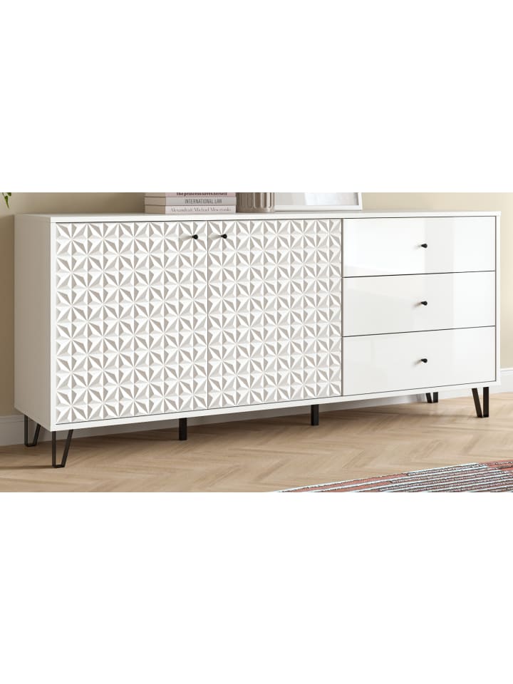 Sideboard weiß Hochglanz 169 x 76 cm, Kommode mit 3D-Struktur