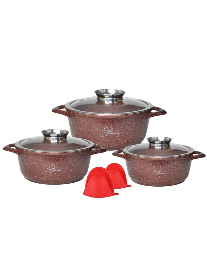 3er-Set Aluguss Kochtopf mit Glasdeckel in Rot