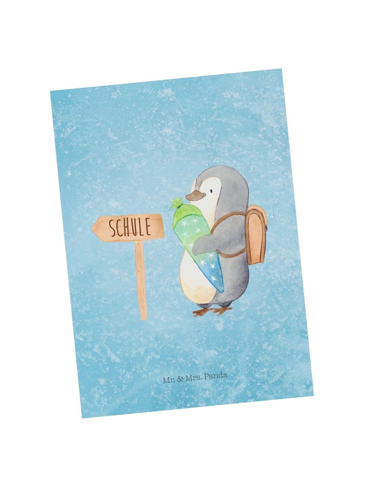 Postkarte Pinguin Schultüte ohne Spruch in Eisblau