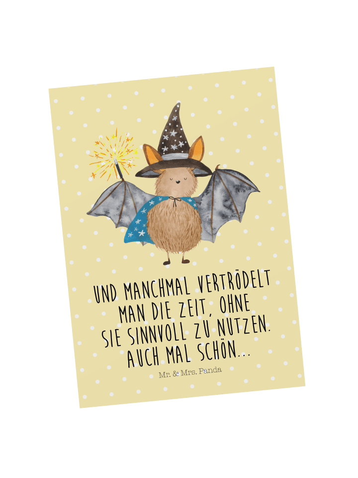 Postkarte Fledermaus Zauberer mit Spruch in Gelb Pastell