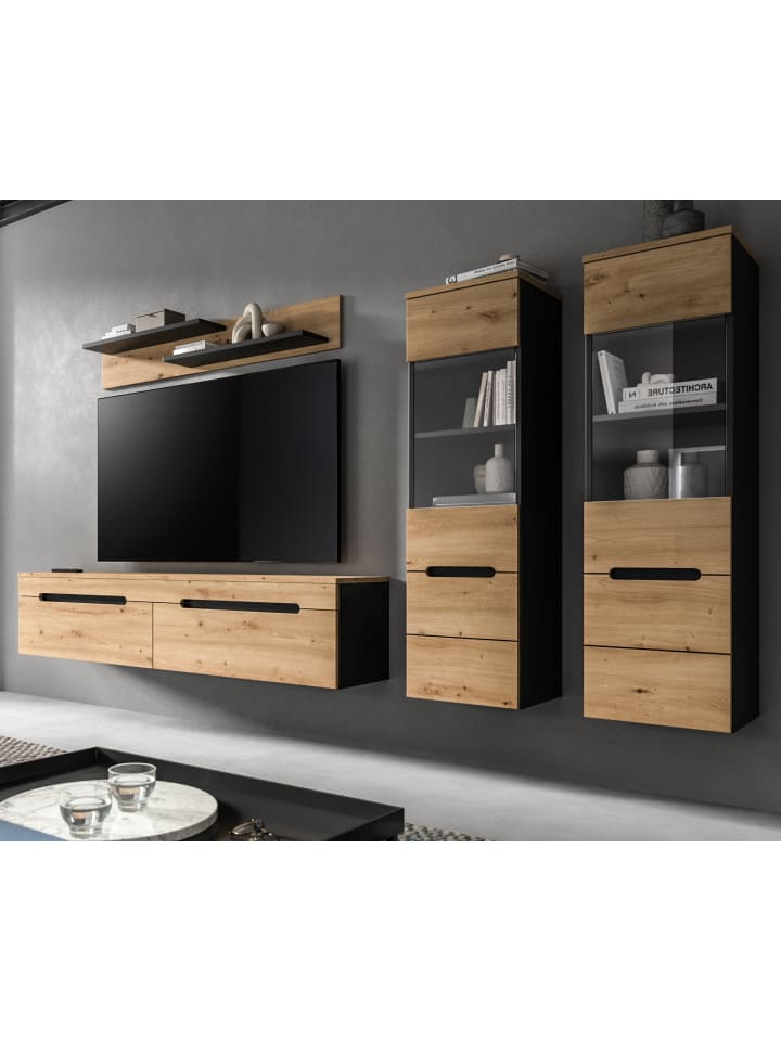 Wohnwand Artisan Eiche, grau, Set 4-teilig 270 cm hängend oder stehend