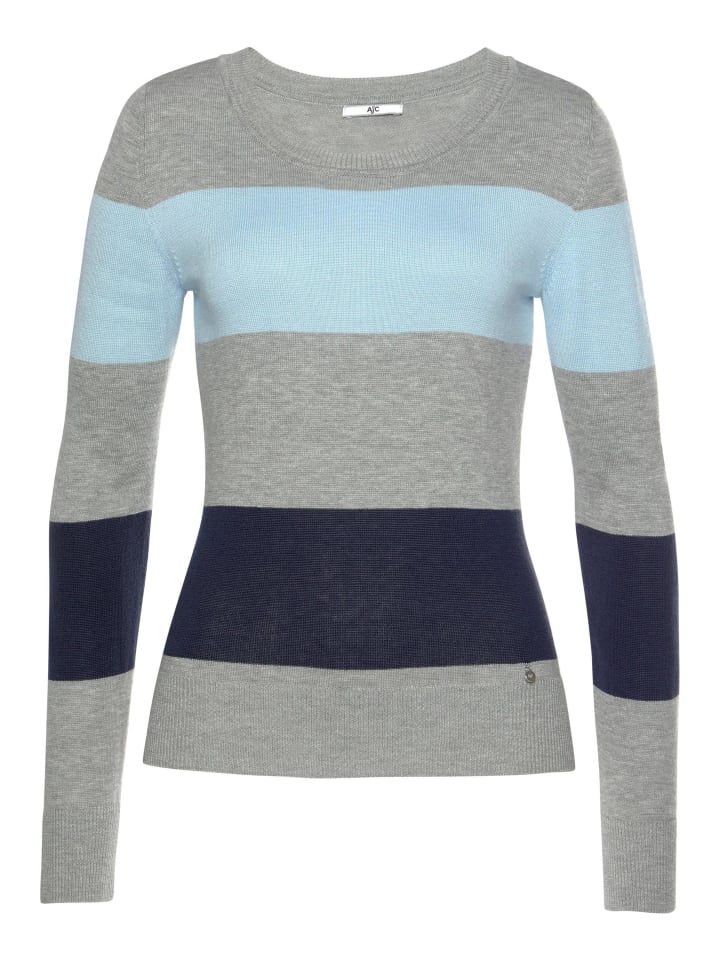Rundhalspullover in grau-hellblau-marine-gestreift