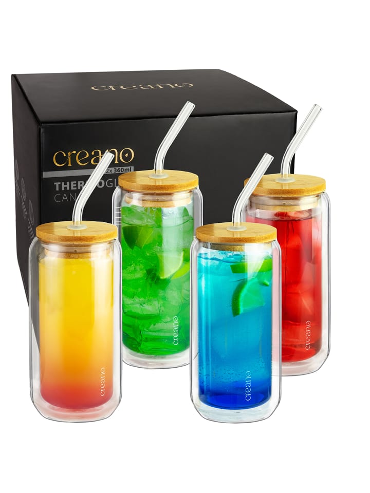 4 Thermogläser "CAN" mit Glastrinkhalm und Bambusdeckel 360ml