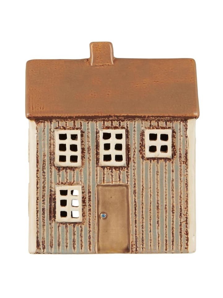 Teelicht-Haus Visby Hellblau mit brauner Tür in hellblau