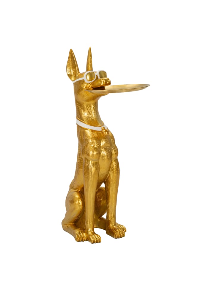 Hund mit gold-weißem Taschenentleerer aus Kunstharz, 30 x 64 x 91 cm