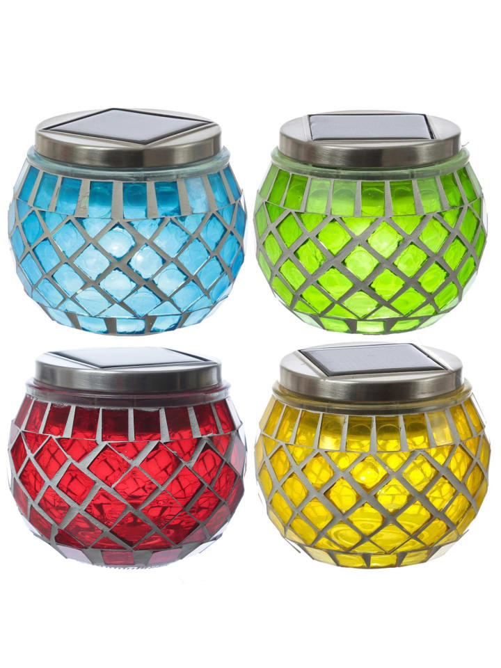 4x LED Solar Windlicht Mosaik Solarglas H: 9cm in bunt