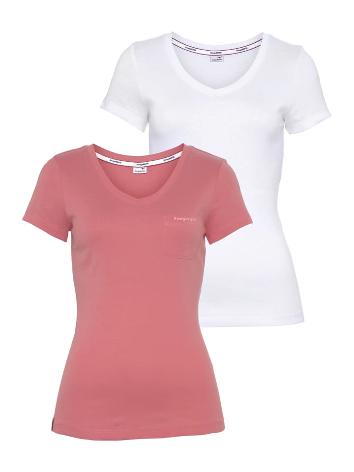 V-Shirt in apricot-weiß