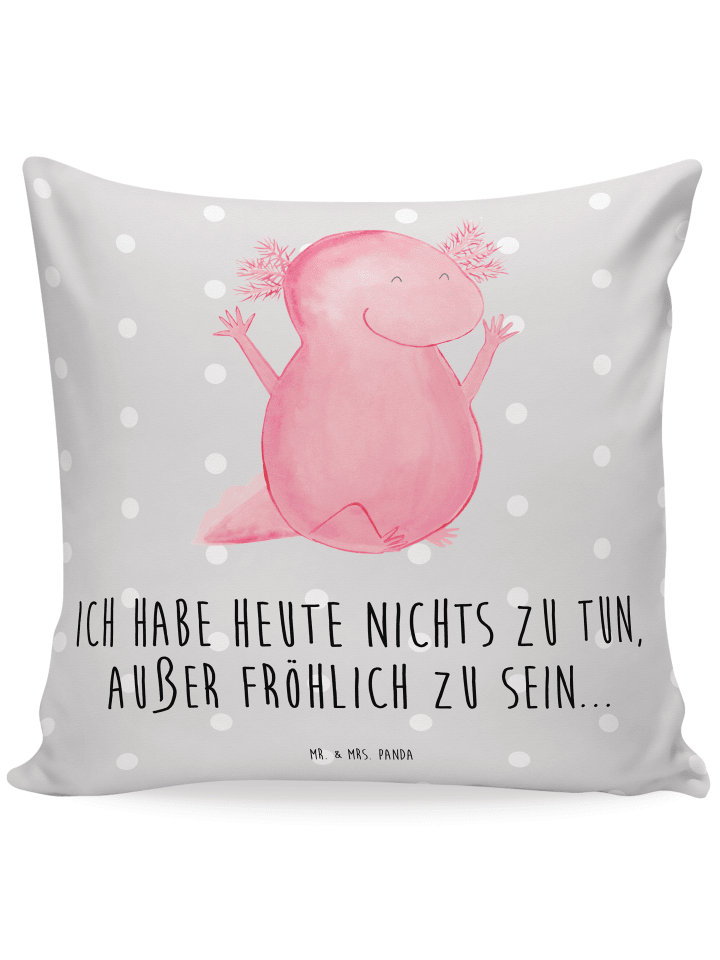 40x40 Kissen Axolotl Hurra mit Spruch in Grau Pastell
