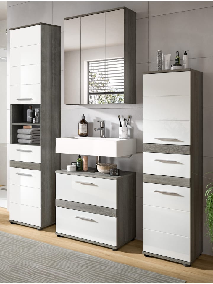 Badmöbel-Set weiß Hochglanz, grau 4-teilig 160 cm, Kombination mit viel Stauraum