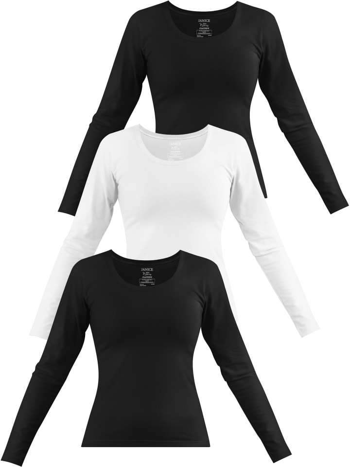 3 x Damen Langarmshirt Nimes in Schwarz/Weiß/Schwarz
