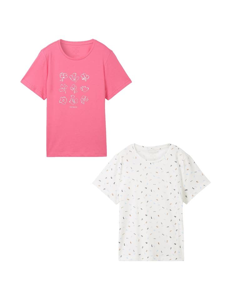 Shirt 2er-Set Rundhals Kurzarm T-Shirt mit Print in Weiß-Rosa