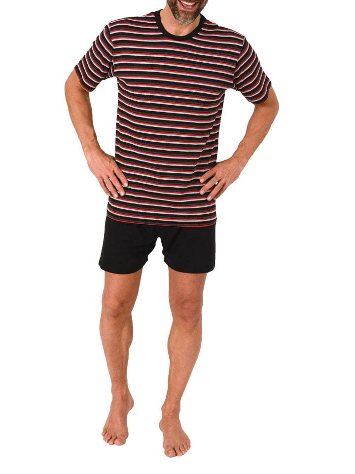 Kurzarm Schlafanzug Shorty Pyjama Streifen in schwarz