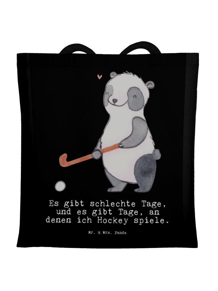 Tasche Panda Hockey spielen mit Spruch in Schwarz