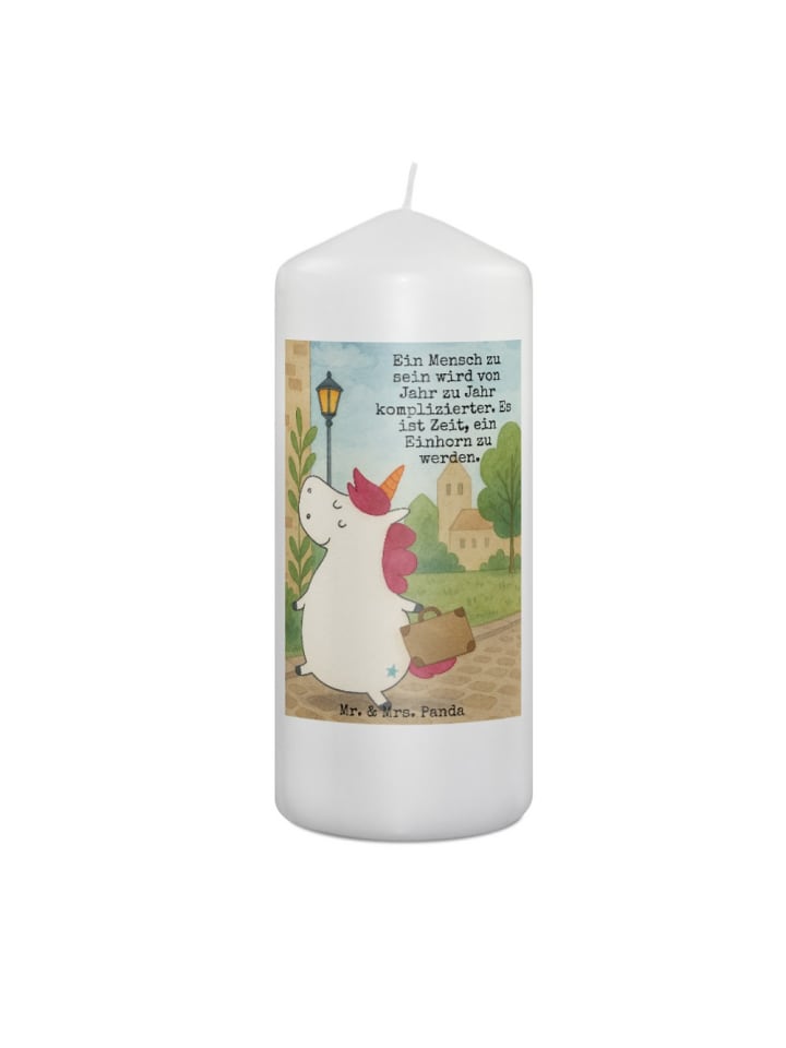 Wachskerze Einhorn Koffer Design mit Spruch in Weiß