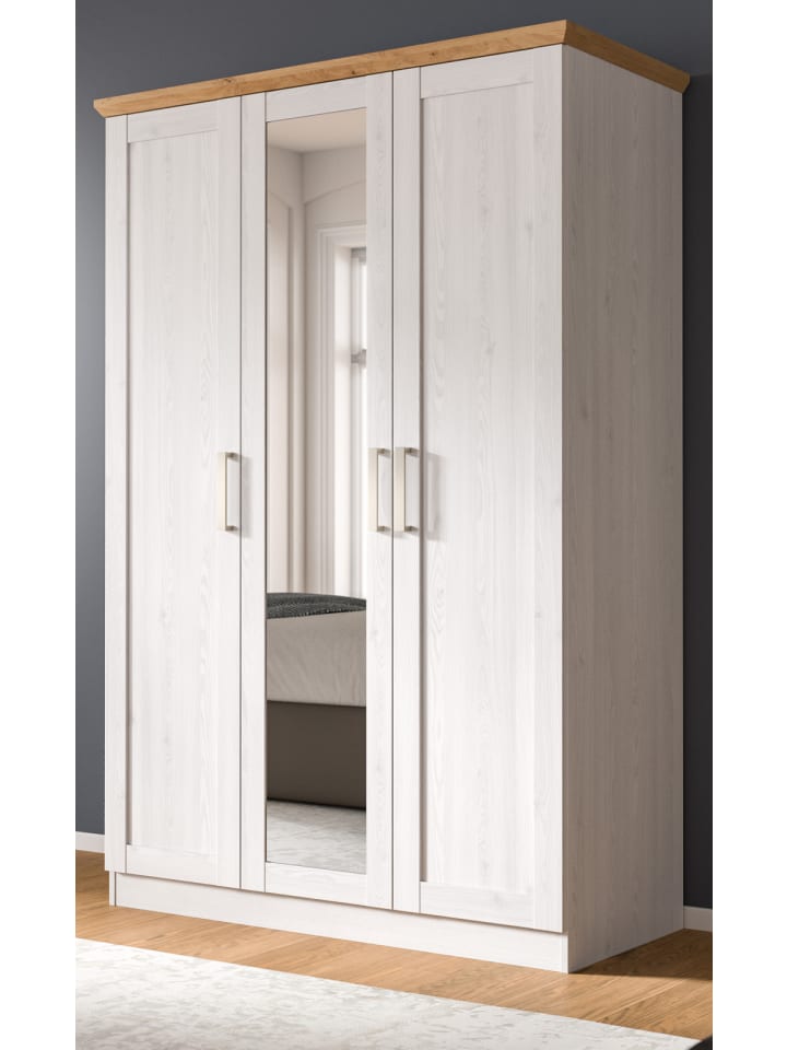Kleiderschrank weiß Lärche, Eiche Artisan 3-türig 124 cm im Landhaus-Stil