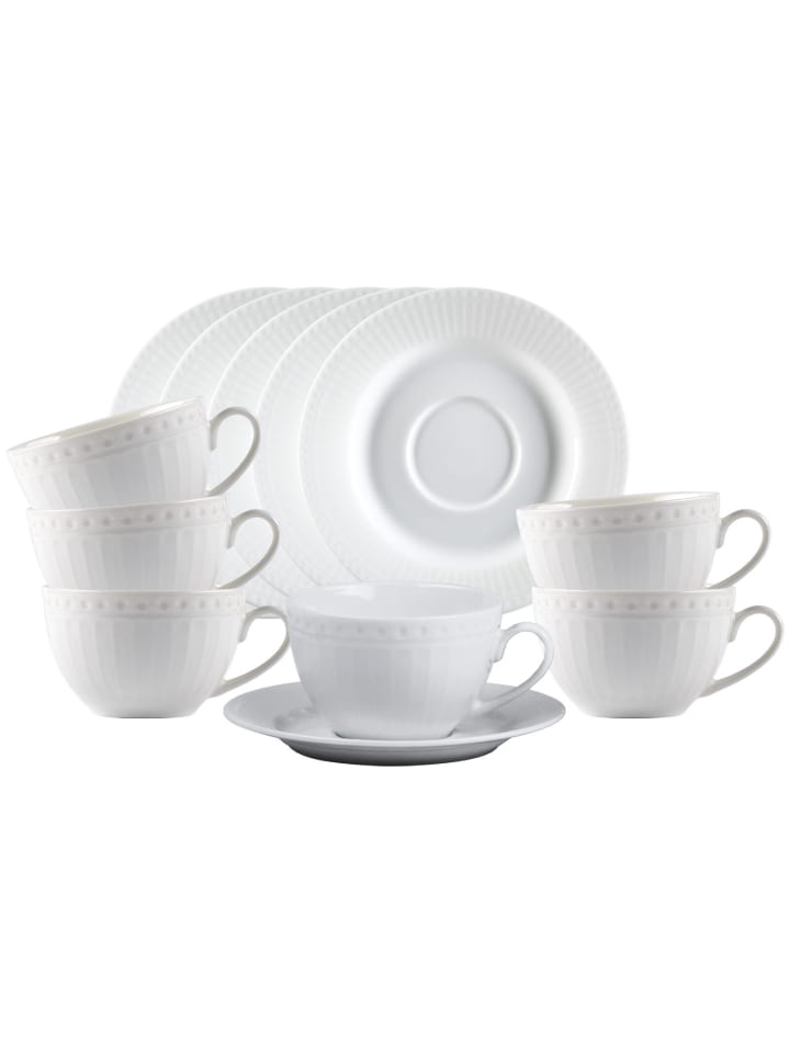6er Set Kaffeetassen mit Untertassen Sofia in Weiß 220 ml