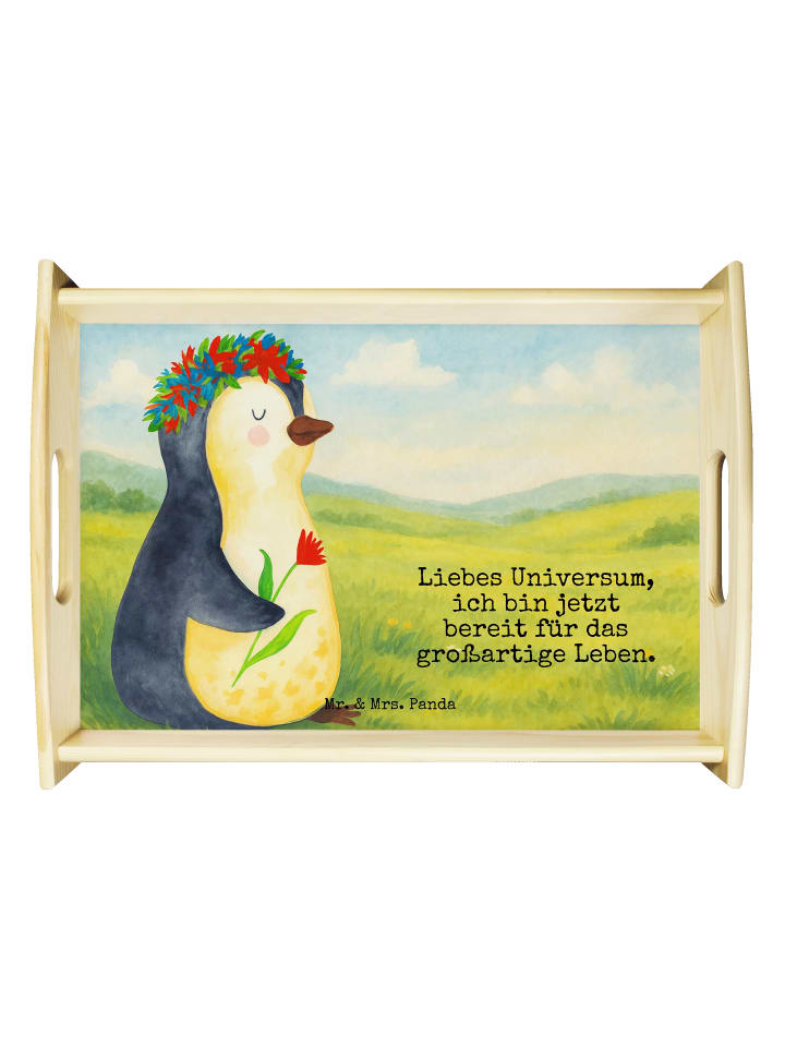 Couchtablett Pinguin Blumen Design mit Spruch in Weiß
